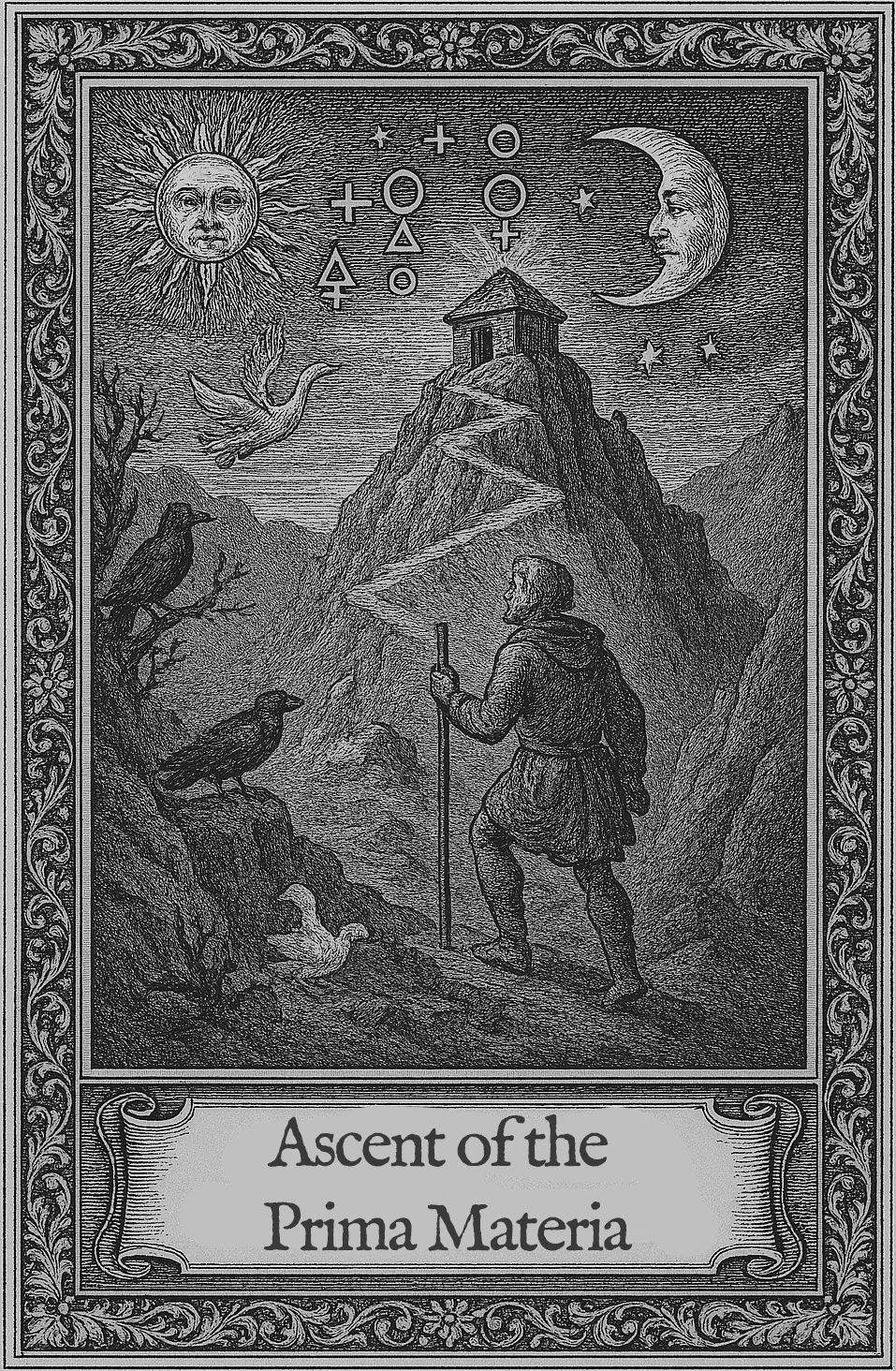 Ascent of the Prima Materia — a robed pilgrim ascending a mountain toward a temple beneath sun and moon