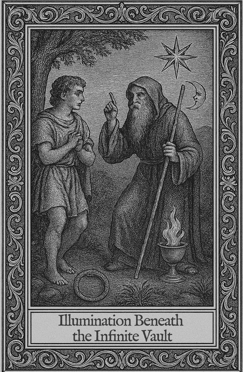 Illumination Beneath the Infinite Vault — a young man and an old sage beneath a star