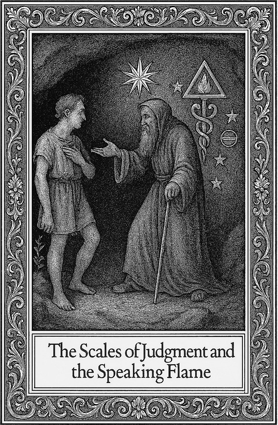 The Scales of Judgment and the Speaking Flame — the sage gesturing to the young man within a cave