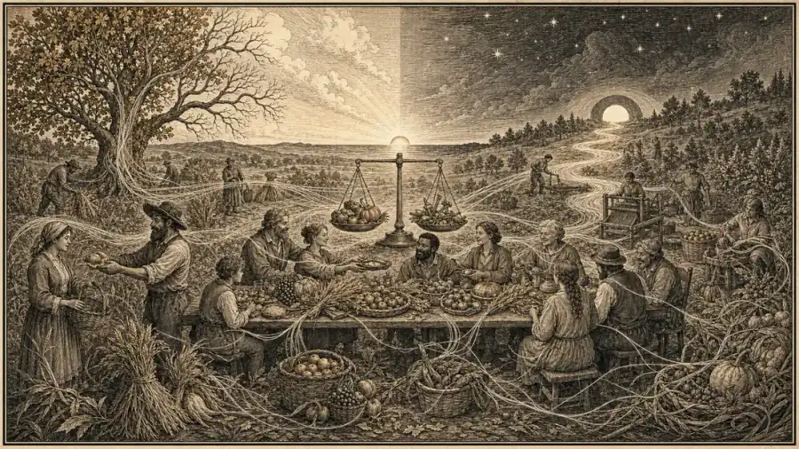 Engraved harvest feast at the equinox: a long table heaped with grain, fruit and gourds, a balance scale weighing the year above it, and threads of light running out from the gathered community into the fields.
