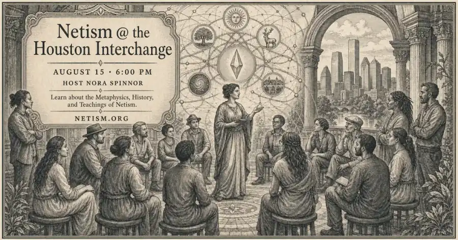 Engraved gathering: people seated in a circle listening as a speaker addresses them, a net of light overhead and the Houston skyline visible through an arch.