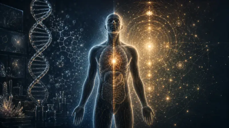 A translucent human figure split between a laboratory of DNA and molecular models on one side and a field of golden light and geometry on the other