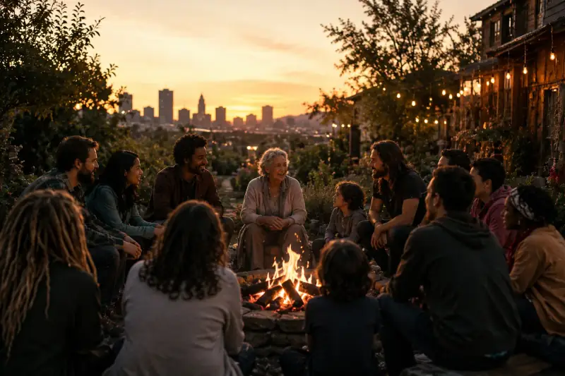 People of many ages gathered in a circle around a fire in a community garden at dusk, a city skyline behind them