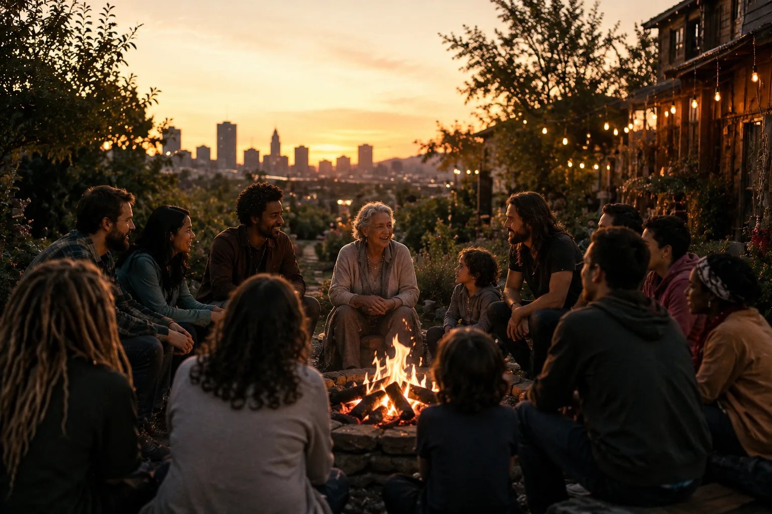 People of many ages gathered in a circle around a fire in a community garden at dusk, a city skyline behind them