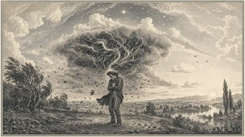 Engraving of a figure standing alone on a windswept ridge, arms drawn to the chest, while a black thunderhead shot through with lightning pours upward out of their head. The same landscape lies calm to the right under a rising sun.