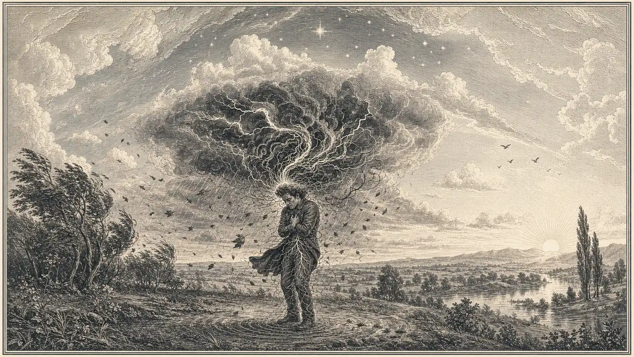 Engraving of a figure standing alone on a windswept ridge, arms drawn to the chest, while a black thunderhead shot through with lightning pours upward out of their head. The same landscape lies calm to the right under a rising sun.