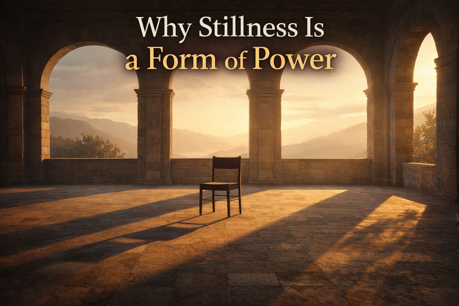 Stone courtyard at dawn with long shadows and a single chair centered in warm golden light