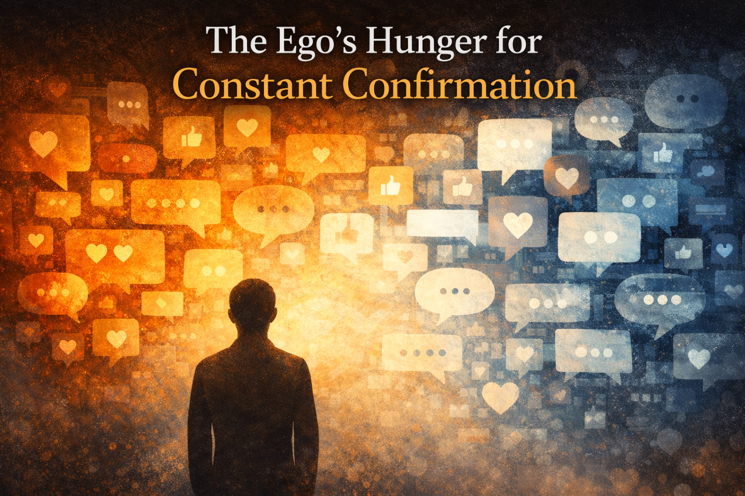 Dark figure facing a wall of glowing speech bubbles, hearts, and social icons representing the search for constant validation