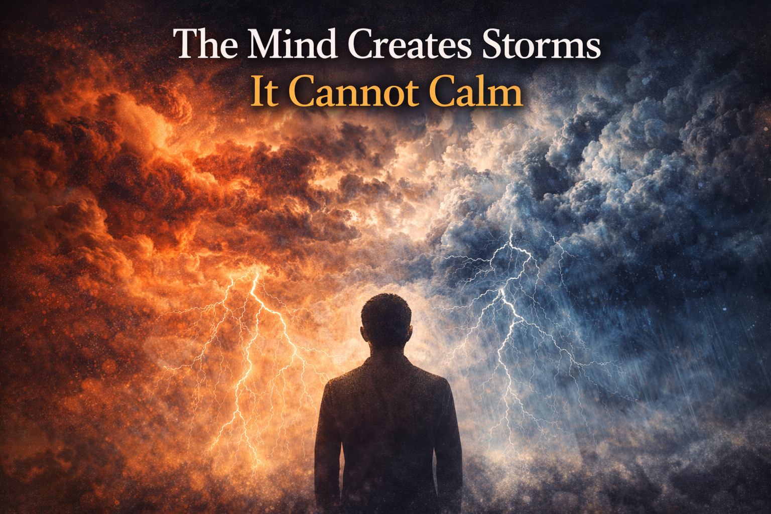 Solitary figure standing before a dramatic split storm of fire clouds and dark lightning filled sky